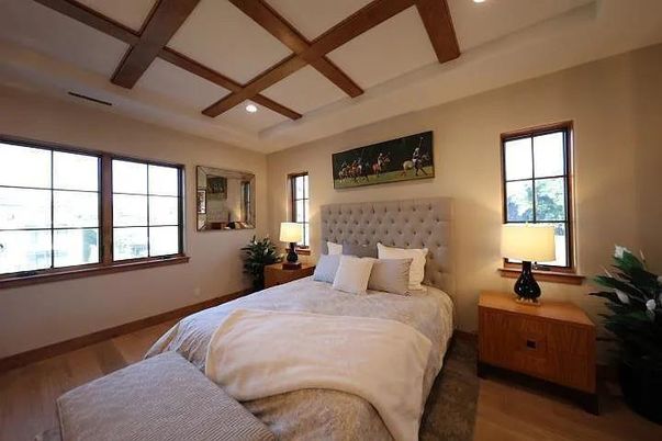 Bedroom, Interior, Recessed Lighting, Wooden Beams, Wood Texture Flooring