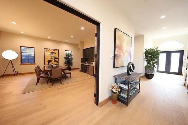 Dining room, Interior, Recessed Lighting, Wood Texture Flooring