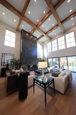 Fireplace, Interior, Living room, Recessed Lighting, Wooden Beams, Wood Texture Flooring