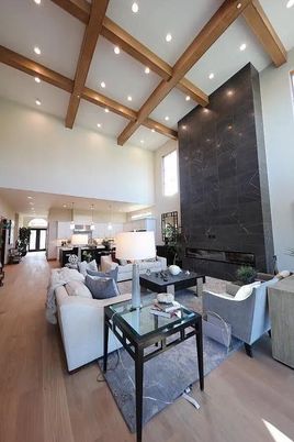 Fireplace, Interior, Kitchen, Living room, Pendant Lights, Recessed Lighting, Wooden Beams, Wood Texture Flooring