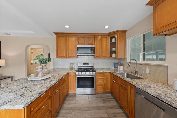 Interior, Kitchen, Recessed Lighting, Stainless Steel Appliances, Wood Texture Flooring