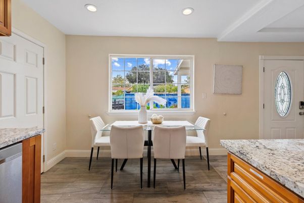 Dining room, Interior, Recessed Lighting, Wood Texture Flooring