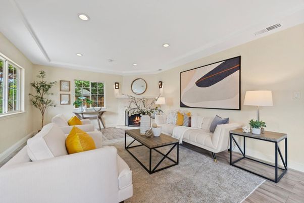 Fireplace, Interior, Living room, Recessed Lighting, Wood Texture Flooring