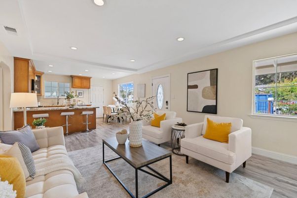 Dining room, Interior, Kitchen, Living room, Recessed Lighting, Wood Texture Flooring