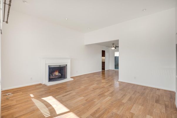 Empty room, Fireplace, Interior, Recessed Lighting, Wood Texture Flooring