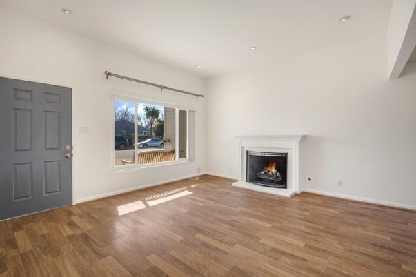 Empty room, Fireplace, Interior, Recessed Lighting, Wood Texture Flooring