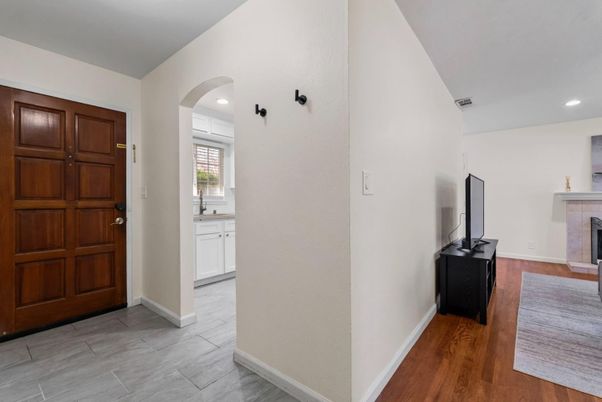 Fireplace, Interior, Recessed Lighting, Wood Texture Flooring