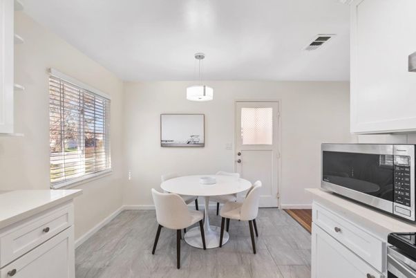 Dining room, Interior, Pendant Lights, Wood Texture Flooring