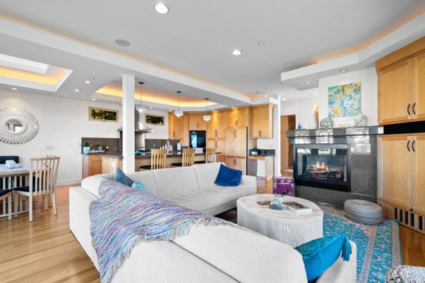 Dining room, Fireplace, Interior, Kitchen, Living room, Pendant Lights, Recessed Lighting, Wood Texture Flooring