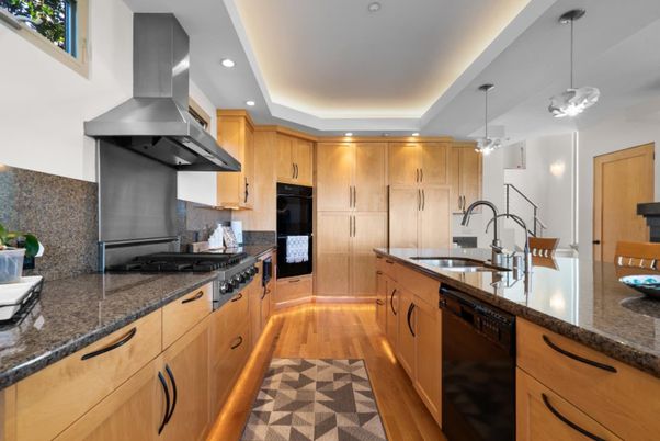 Interior, Kitchen, Pendant Lights, Recessed Lighting, Wood Texture Flooring