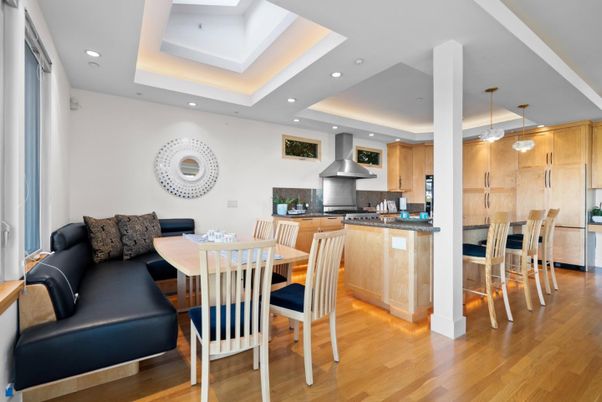 Dining room, Interior, Kitchen, Pendant Lights, Recessed Lighting, Stainless Steel Appliances, Wood Texture Flooring