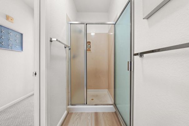 Bathroom, Glass Shower, Interior, Wood Texture Flooring