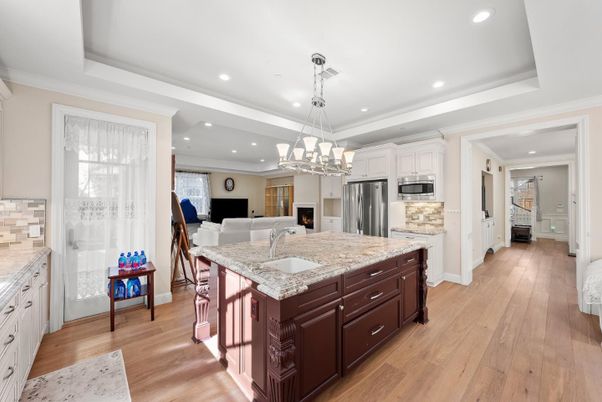 Chandelier, Interior, Kitchen, Pendant Lights, Recessed Lighting, Stainless Steel Appliances, Wood Texture Flooring