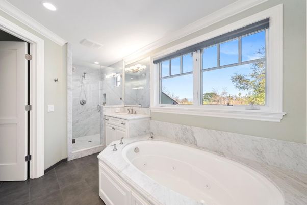 Bathroom, Glass Shower, Interior, Marble Walls, Recessed Lighting