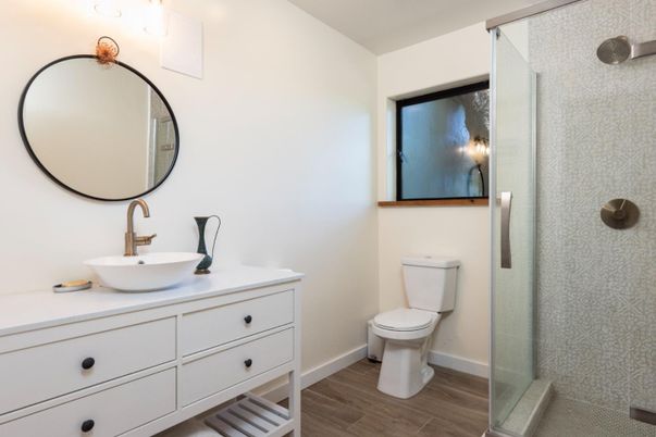 Bathroom, Glass Shower, Interior, Wood Texture Flooring