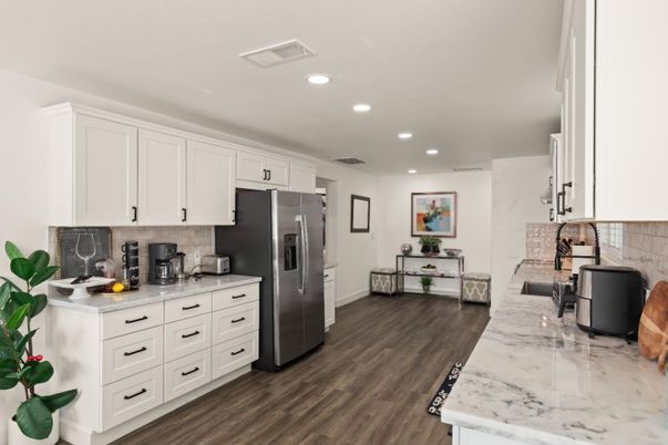 Interior, Kitchen, Recessed Lighting, Stainless Steel Appliances, Wood Texture Flooring
