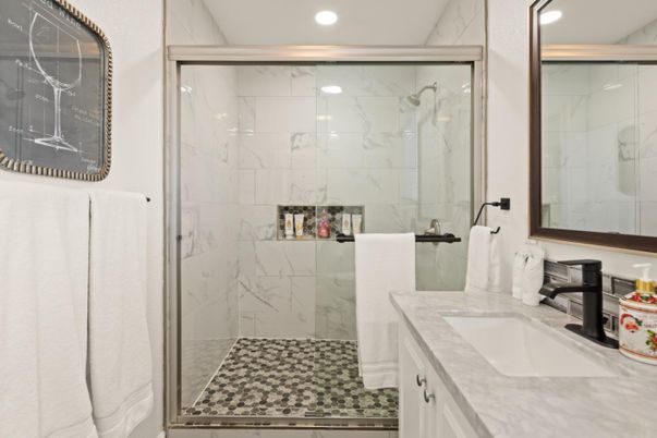 Bathroom, Glass Shower, Interior, Marble Walls, Recessed Lighting