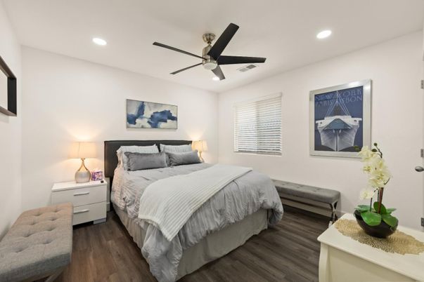 Bedroom, Interior, Recessed Lighting, Wood Texture Flooring
