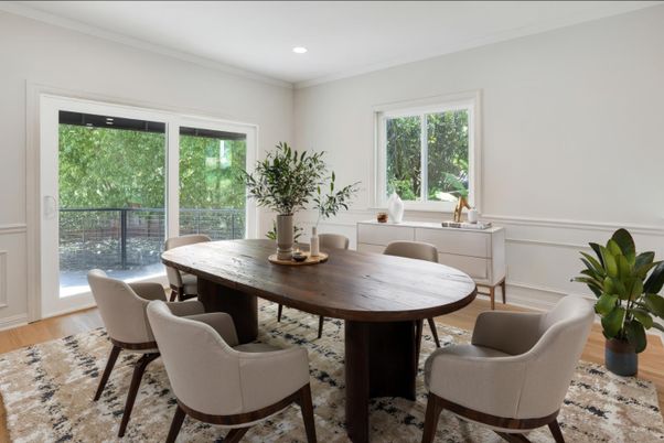 Dining room, Interior, Recessed Lighting, Wood Texture Flooring