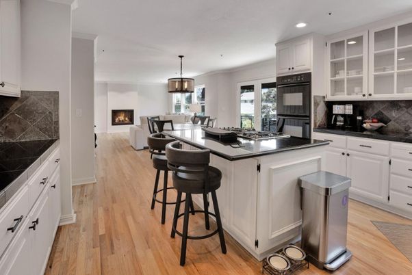 Dining room, Fireplace, Interior, Kitchen, Pendant Lights, Recessed Lighting, Wood Texture Flooring
