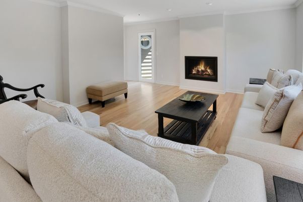 Fireplace, Interior, Living room, Recessed Lighting, Wood Texture Flooring