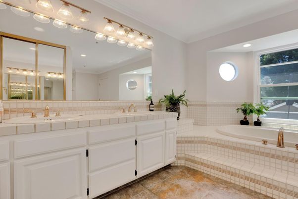 Bathroom, Dual Sink Vanities, Interior, Recessed Lighting, Tile Countertops