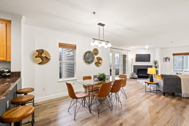 Dining room, Fireplace, Interior, Living room, Pendant Lights, Wood Texture Flooring