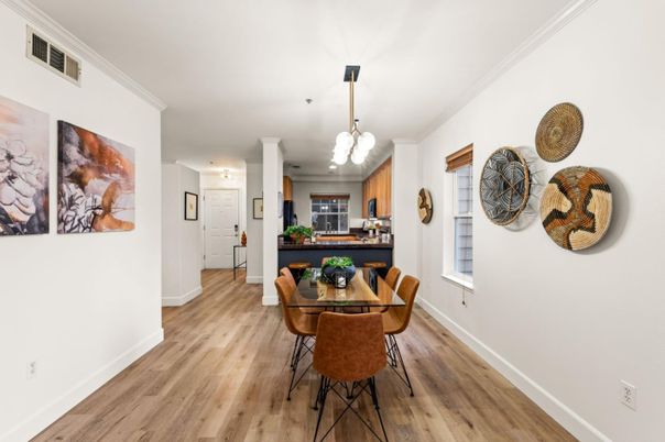 Dining room, Interior, Kitchen, Pendant Lights, Wood Texture Flooring