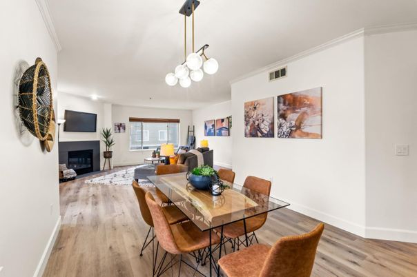 Dining room, Fireplace, Interior, Living room, Pendant Lights, Wood Texture Flooring