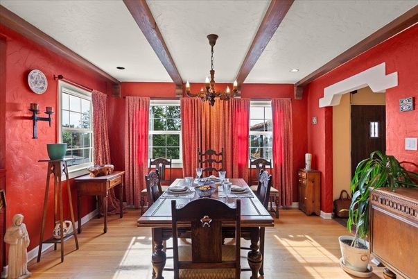 Chandelier, Dining room, Interior, Recessed Lighting, Wooden Beams, Wood Texture Flooring