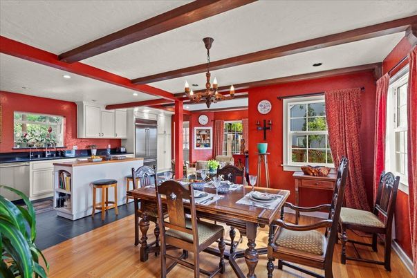 Chandelier, Dining room, Interior, Kitchen, Recessed Lighting, Stainless Steel Appliances, Wooden Beams, Wood Texture Flooring