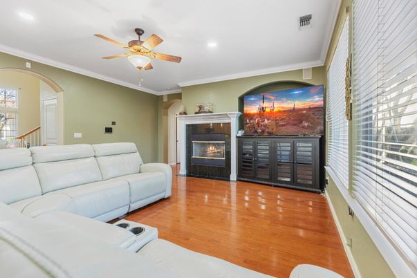 Fireplace, Interior, Living room, Recessed Lighting, Wood Texture Flooring