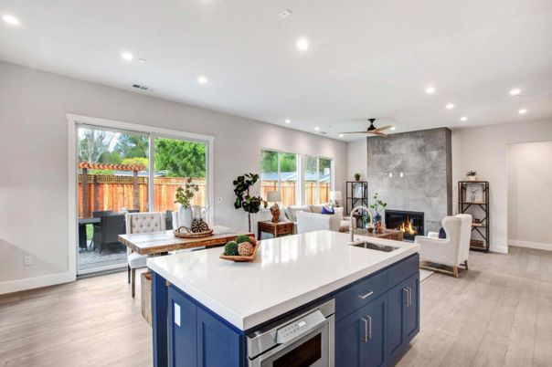Dining room, Fireplace, Interior, Kitchen, Living room, Recessed Lighting, Wood Texture Flooring
