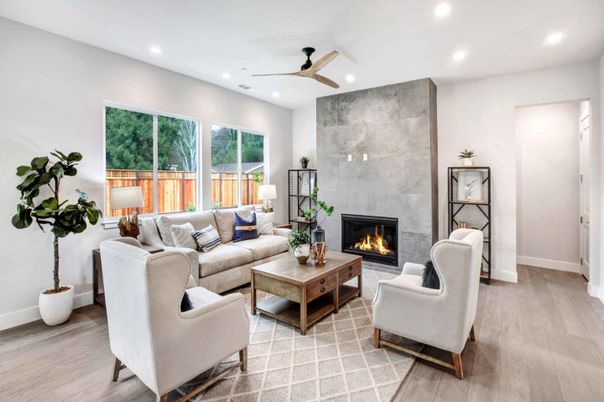 Fireplace, Interior, Living room, Recessed Lighting, Wood Texture Flooring