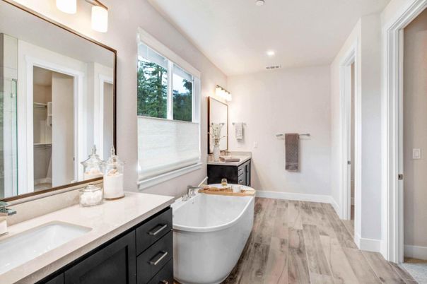 Bathroom, Dual Sink Vanities, Free Standing Baths, Interior, Recessed Lighting, Wood Texture Flooring