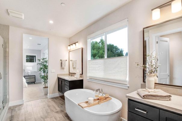 Bathroom, Dual Sink Vanities, Free Standing Baths, Interior, Recessed Lighting, Wood Texture Flooring