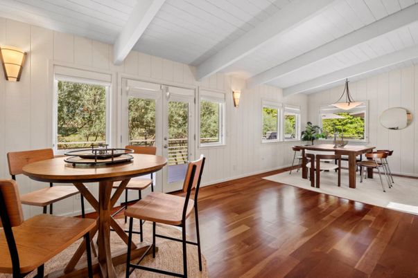 Dining room, Interior, Pendant Lights, Wood Texture Flooring