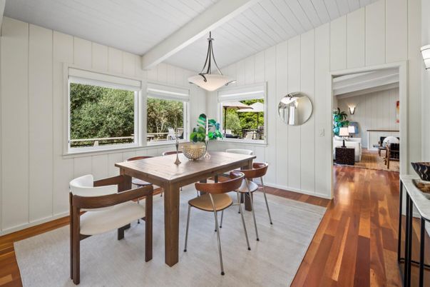 Dining room, Interior, Pendant Lights, Wood Texture Flooring