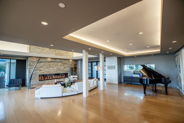 Fireplace, Interior, Living room, Piano, Recessed Lighting, Stone Walls, Wood Texture Flooring