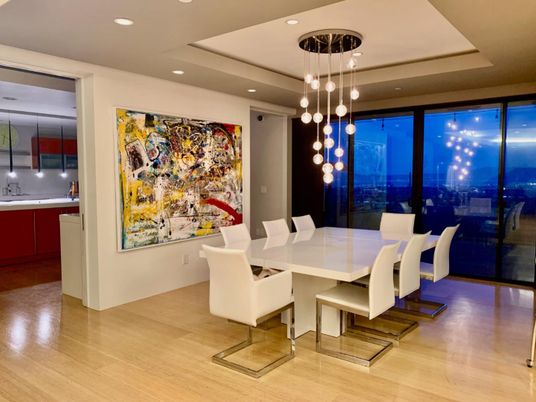 Dining room, Interior, Pendant Lights, Recessed Lighting, Wood Texture Flooring
