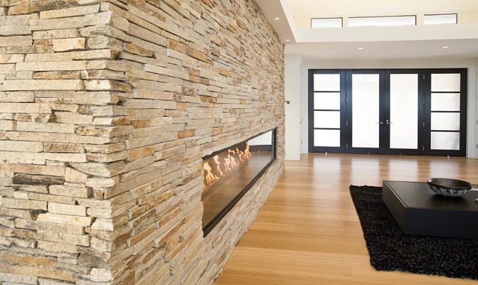 Fireplace, Interior, Recessed Lighting, Stone Walls, Wood Texture Flooring