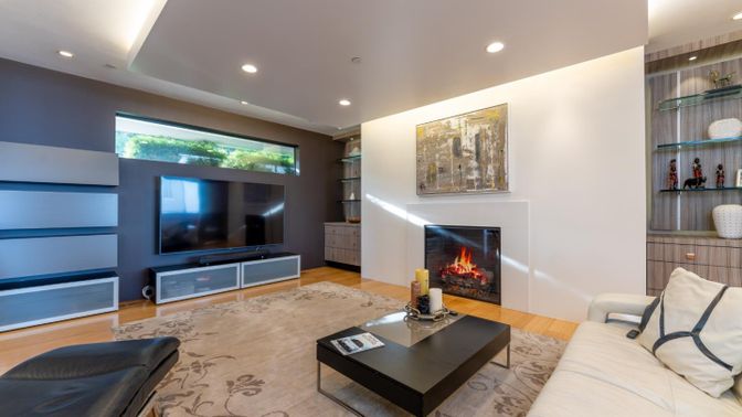 Fireplace, Interior, Living room, Recessed Lighting, Wood Texture Flooring