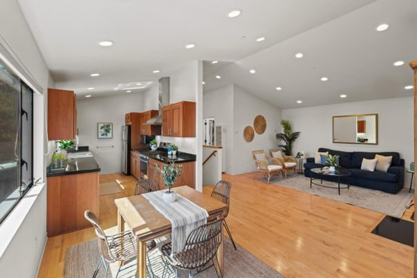 Dining room, Interior, Kitchen, Living room, Recessed Lighting, Wood Texture Flooring