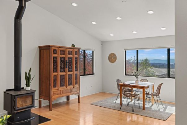 Dining room, Interior, Recessed Lighting, Wood Texture Flooring
