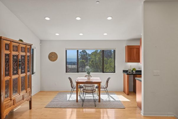 Dining room, Interior, Recessed Lighting, Wood Texture Flooring