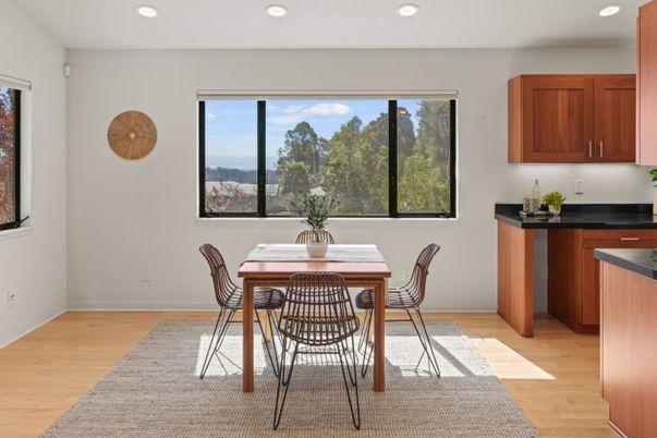 Dining room, Interior, Recessed Lighting, Wood Texture Flooring