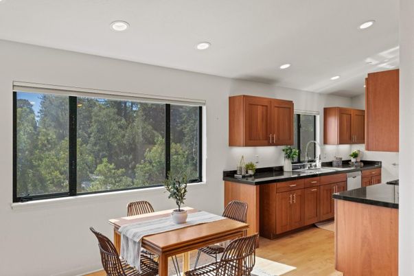 Dining room, Interior, Kitchen, Recessed Lighting, Wood Texture Flooring