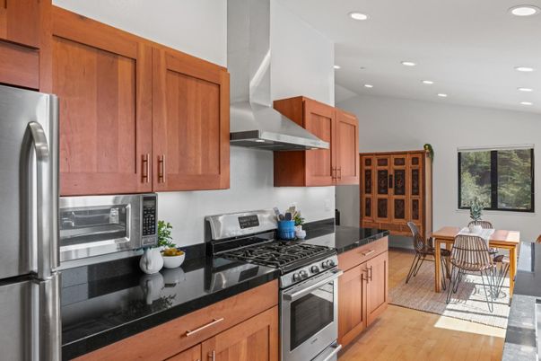 Dining room, Interior, Kitchen, Recessed Lighting, Stainless Steel Appliances, Wood Texture Flooring
