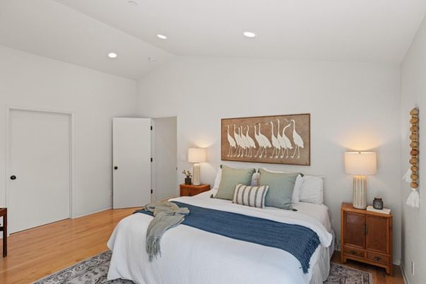 Bedroom, Interior, Recessed Lighting, Wood Texture Flooring