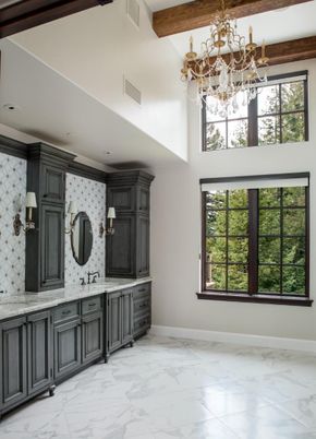 Bathroom, Chandelier, Dual Sink Vanities, Interior, Marble, Recessed Lighting, Wooden Beams